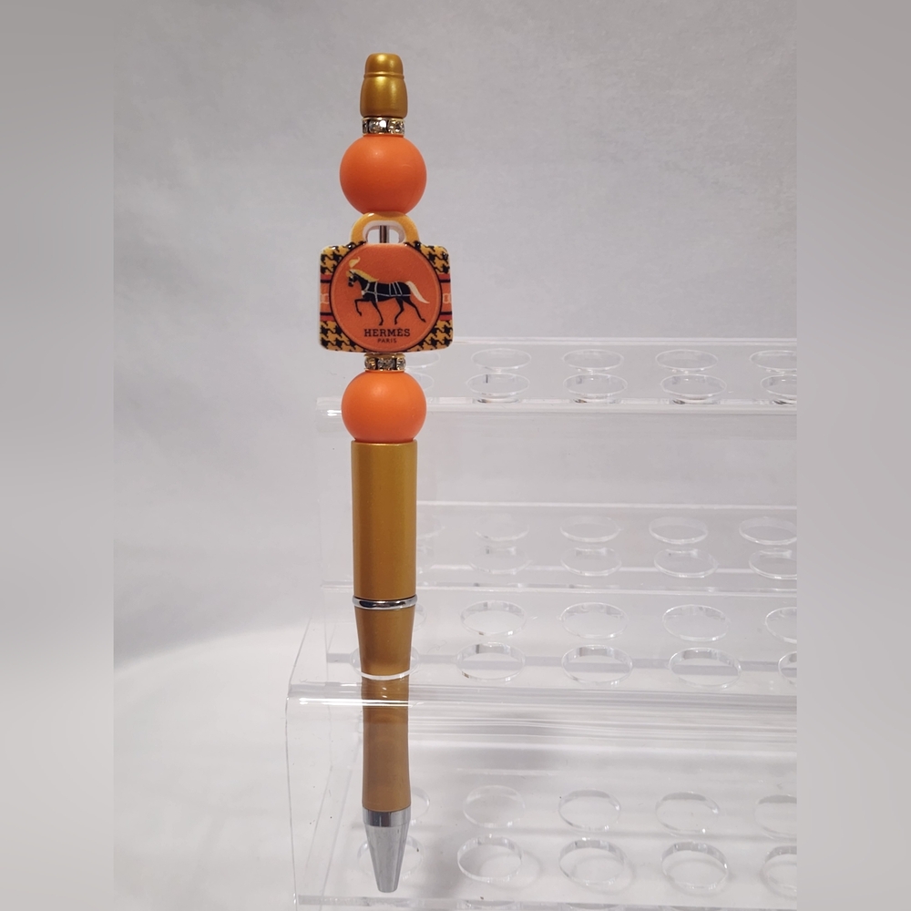 Fashion Hermes Beaded Pen Orange and gold Handmade